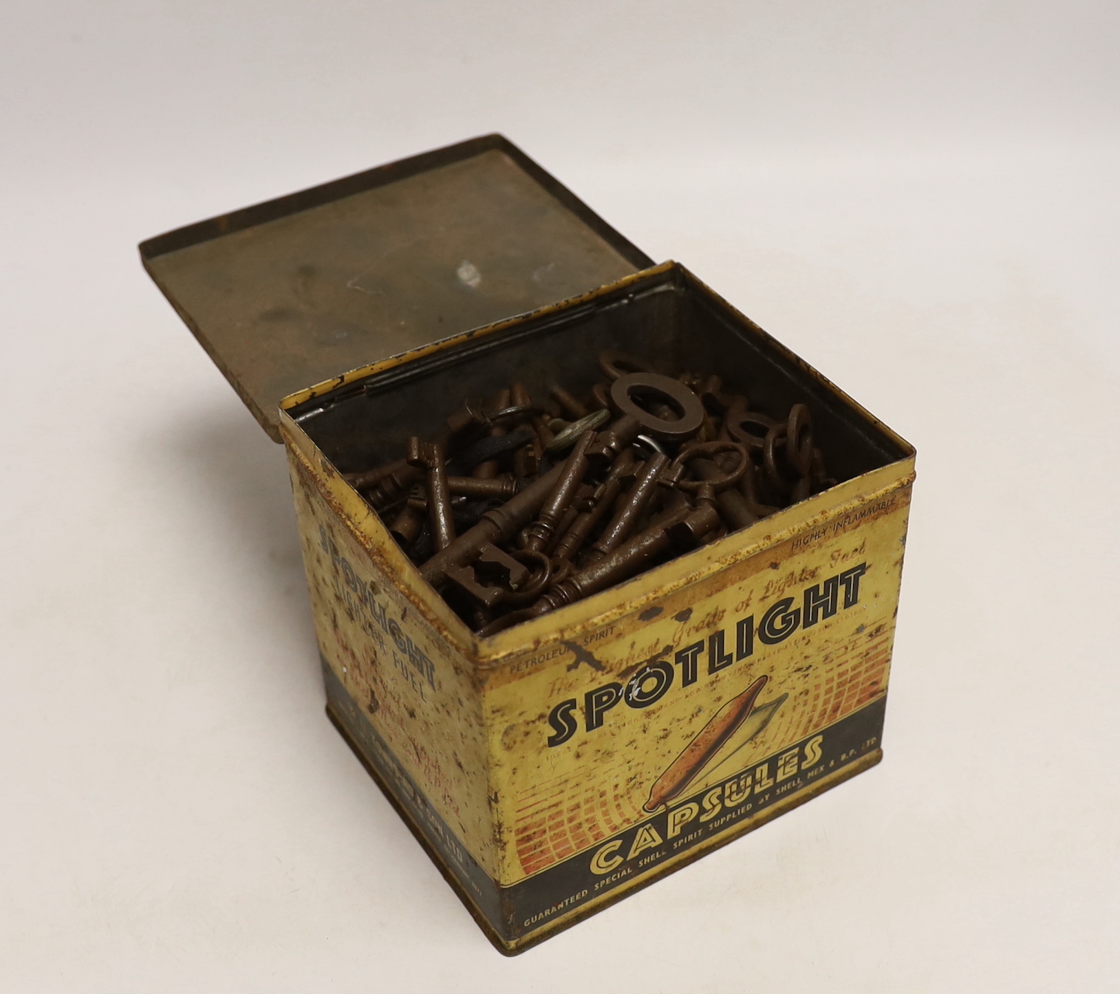 A large collection of antique and later keys including hollow barrel skeleton examples, largest 11cm in length